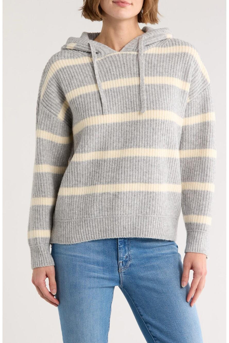 Max Studio Women’s Medium Gray Ivory Striped Hooded Knit Sweater Pullover